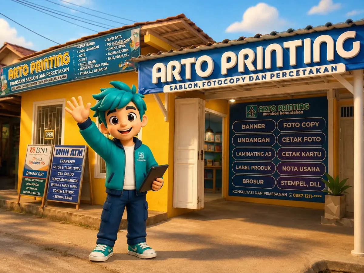 Ilustrasi toko Arto Printing di Karangtalun, Bobotsari, dengan maskot Arto Printing
